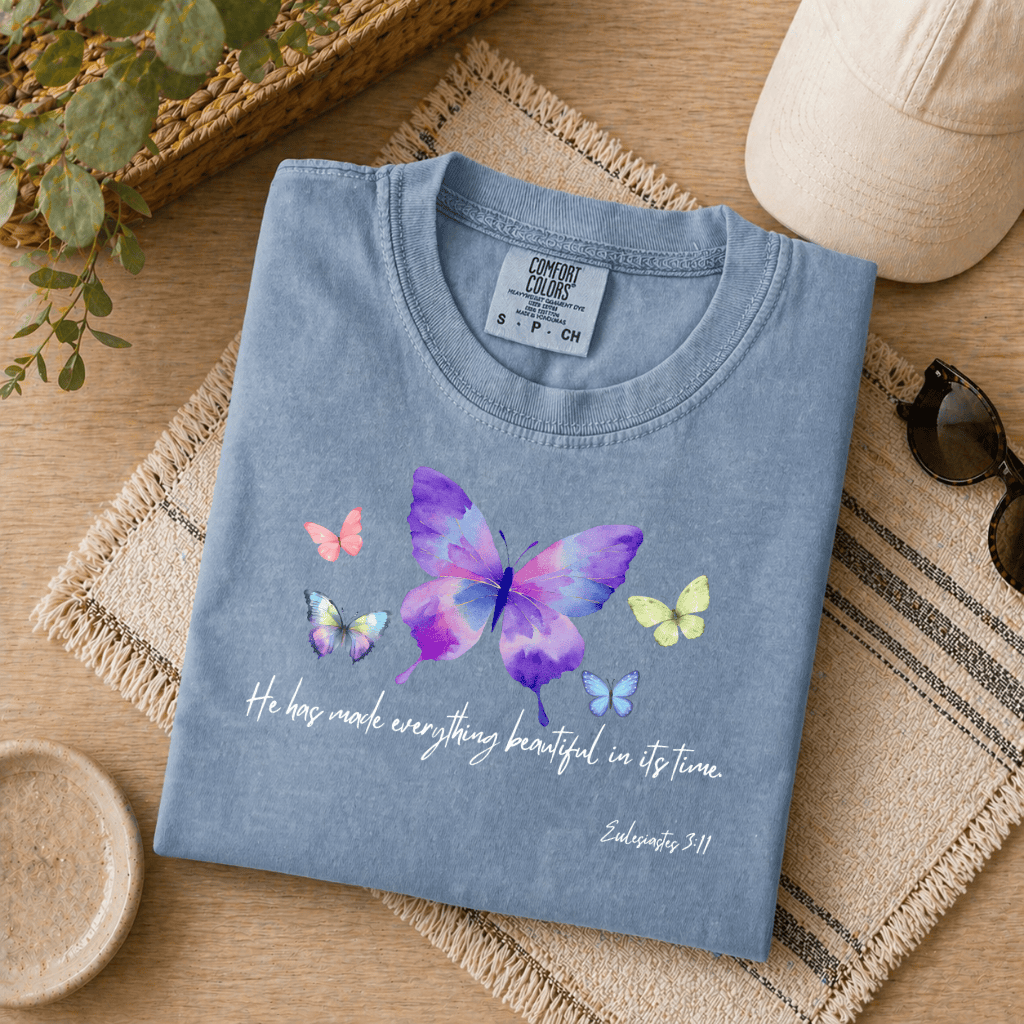 Christian Butterfly Comfort Colors T-Shirt – Spring Bible Verse Gift, Religious Quote - detail view